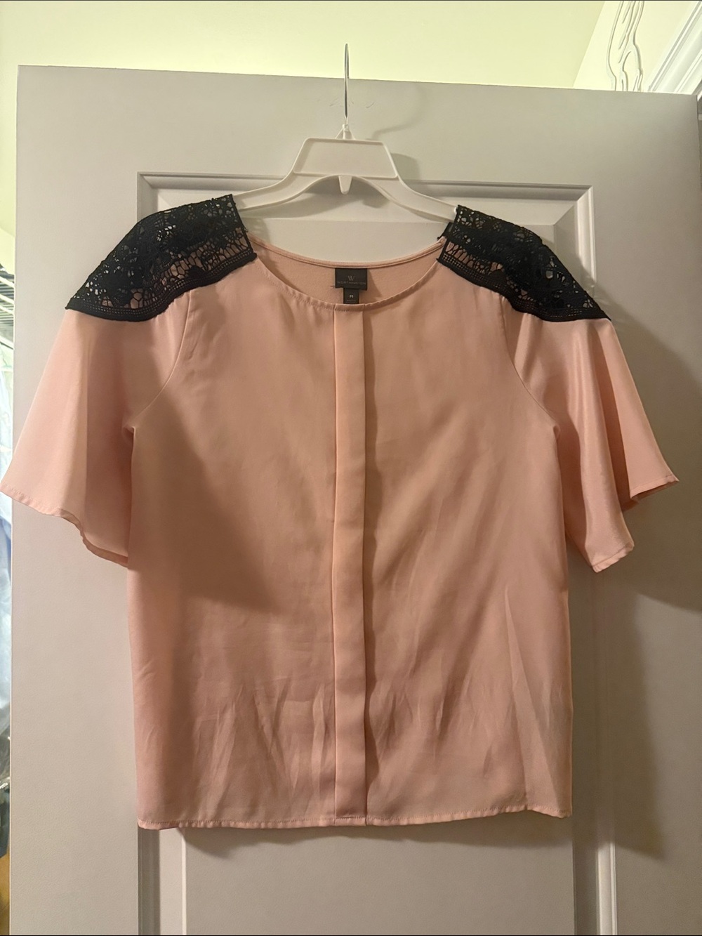 Worthington Blush Pink Blouse with Black Lace Shoulders